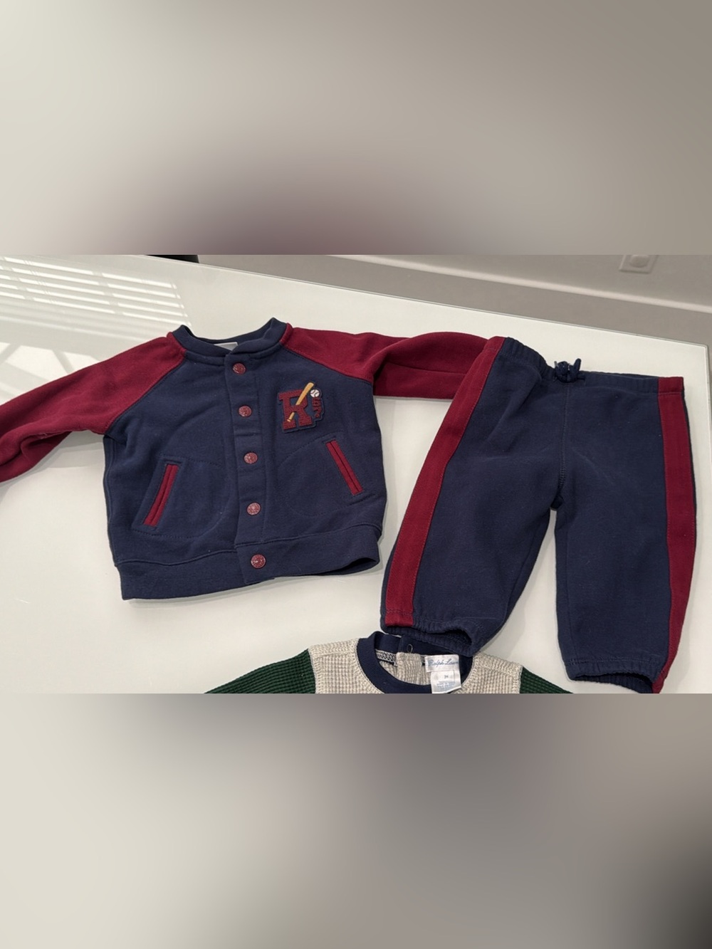 Ralph Lauren Navy Sweatpants with Burgundy Side Stripe outfit 6month